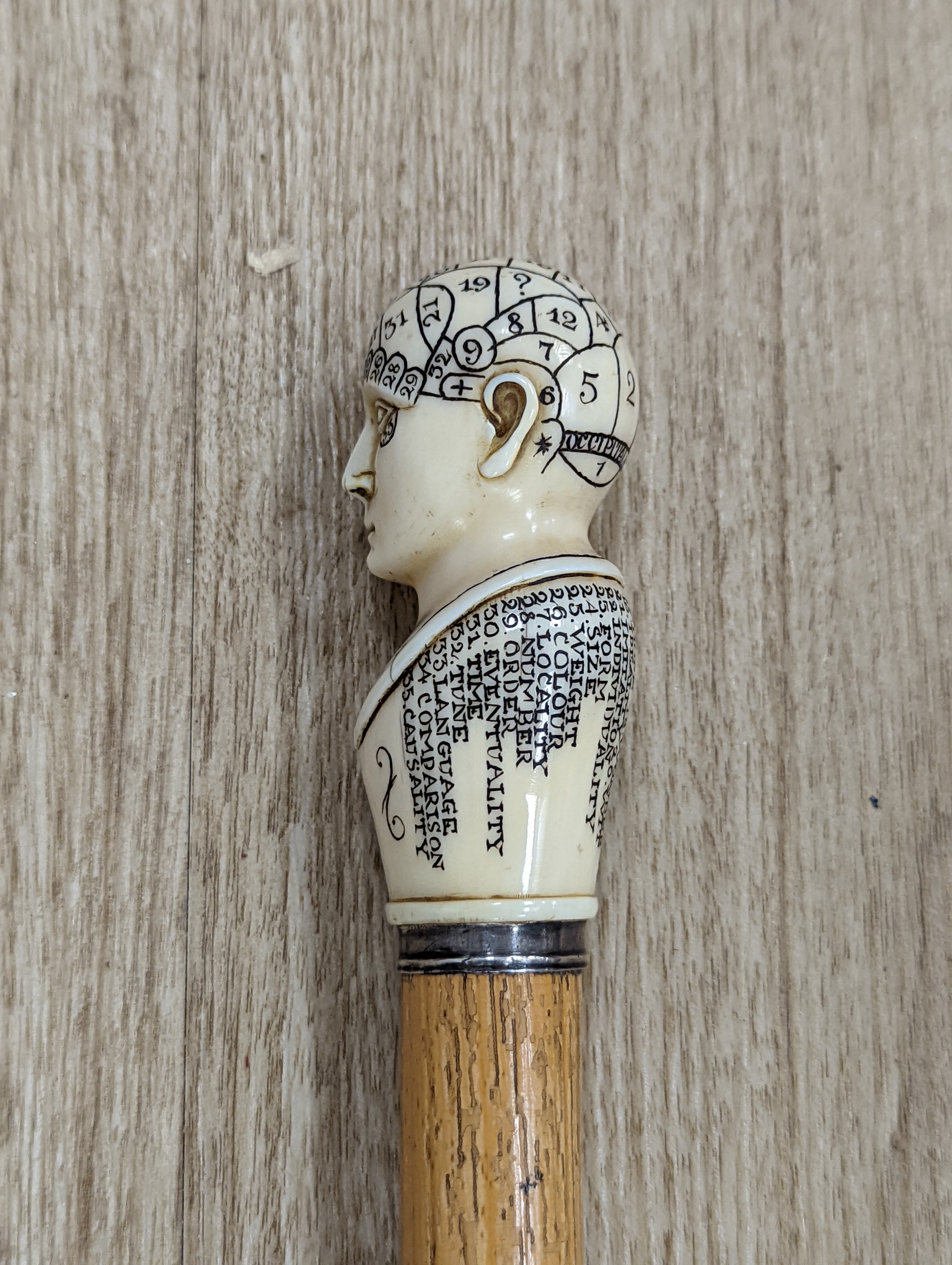 A fine 19th century sword stick, gilt etched blade, brass tip, silver mounted handle with carved and inscribed ivory phrenology head pommel, overall 96cms, blade 68cms